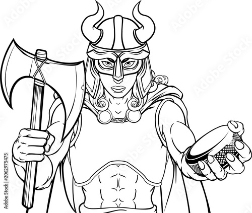 Photography A female viking woman ice hockey sports team cartoon mascot