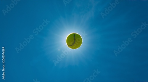 Tennis ball flying against bright blue sky with sun flare sports concept