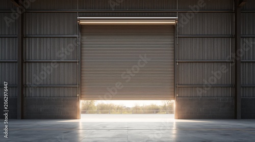 Industrial warehouse with rolling metal shutter door opening to bright morning light creating dramatic backlit atmosphere