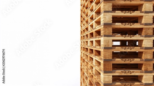 Stacked wooden pallets side view with copy space on white background logistics concept