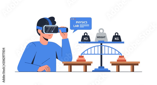 Student Using VR Headset for Virtual Physics Lab Experiment Illustration