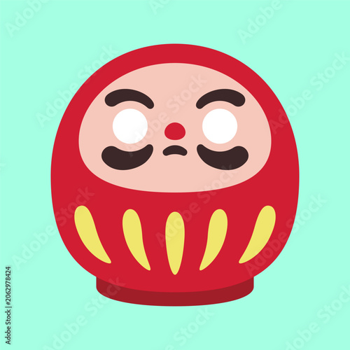 Single Red Daruma Doll on Mint Green Background,