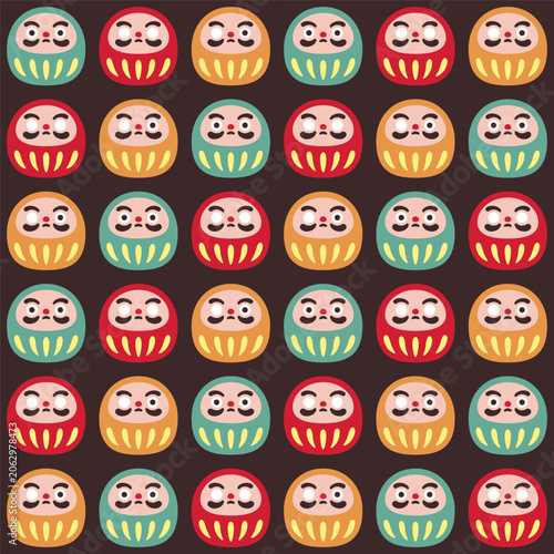 Seamless Pattern of Multicolor Daruma Dolls on Dark Brown Background