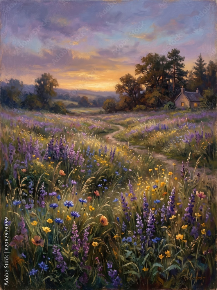 Naklejka premium Romantic Twilight Wildflower Meadow Vintage Oil Painting