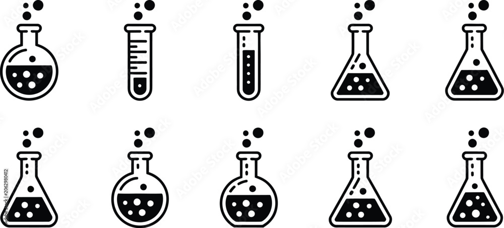 Naklejka premium Laboratory, equipment icon set, scientific glassware including test tubes beakers and flasks for chemistry research education and laboratory concept graphics.