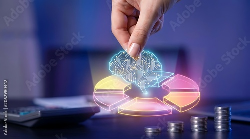 Human hand interacting with glowing AI brain and pie chart hologram for business strategy development artificial intelligence