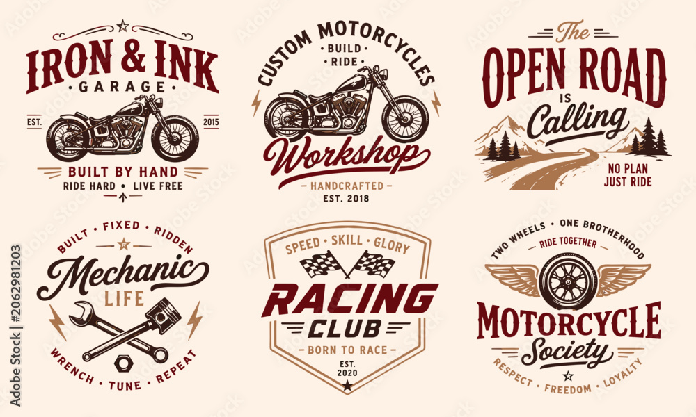 Fototapeta premium Set of six vintage motorcycle club and garage emblems with custom bike designs and retro typography.