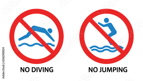 Schilderij op canvas Prohibition signs, no diving and no jumping allowed warning symbols for water sa