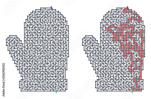 Logic game with labyrints,Maze game,Maze Puzzle foor kids,Labyrinth With Entry And Exit,Maze For Activiity Book,Puzzle Labyrinth, Maze design in shape of mittens with solved path highlighted  