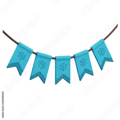 Blue bunting flags with snowflake pattern on white background