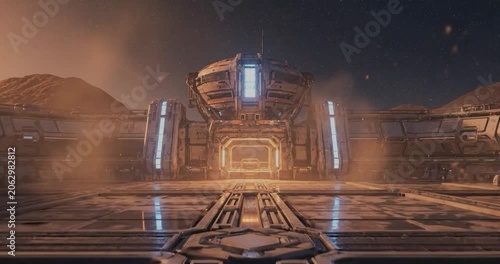 Futuristic Space Station Entrance with Railway Tracks.