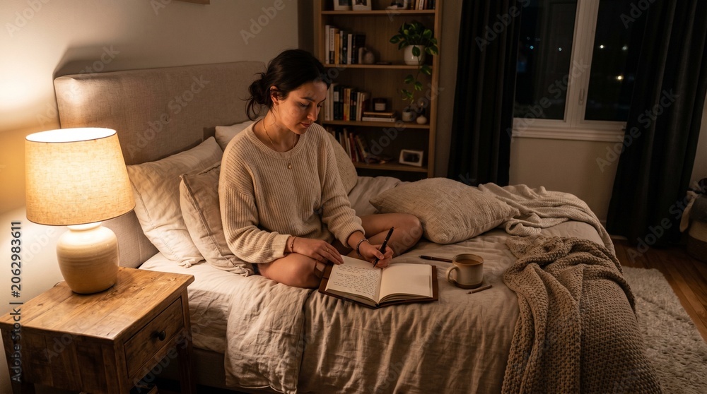 Fototapeta premium Young Woman Reading Book in Warm Cozy Bedroom Setting