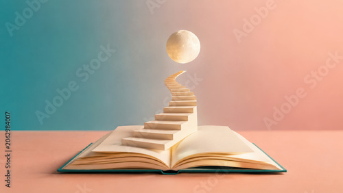 Open Book with Staircase Leading Toward Glowing Moon, A symbolic journey from learning and knowledge toward ambition