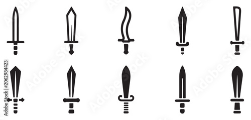 Obraz na płótnie Assorted medieval sword silhouettes set displaying diverse blades weaponry shapes and designs