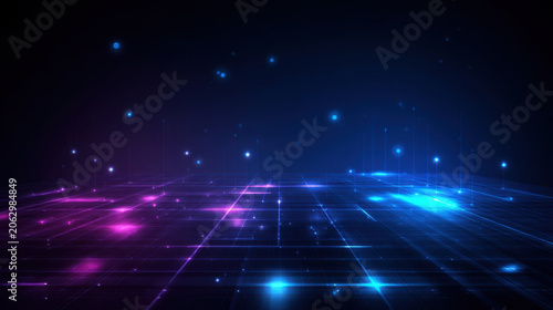 Abstract futuristic neon grid with blue and purple glowing lights, background related to digital technology, networking and data