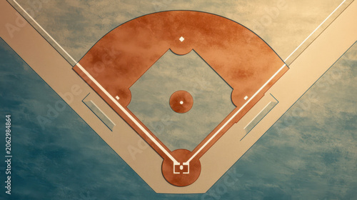 An overhead view of a baseball field with bases, a sports field and a stadium in the background