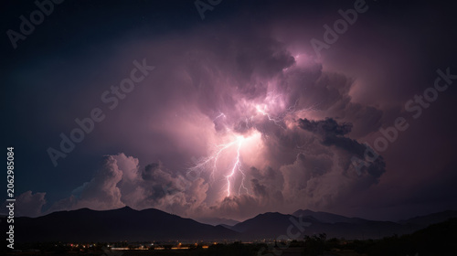 Dramatic thunderstorm over mountain landscape at night, storm clouds, electric sky and severe weather