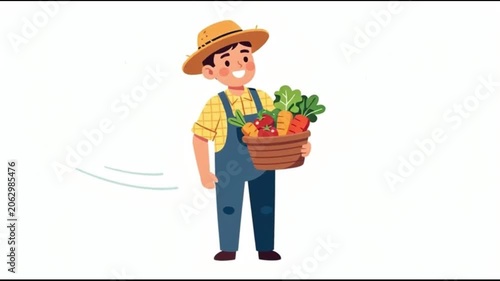 Smiling farmer carrying a wooden basket full of fresh vegetables