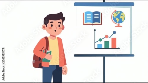 Student boy giving a presentation with a chart and globe