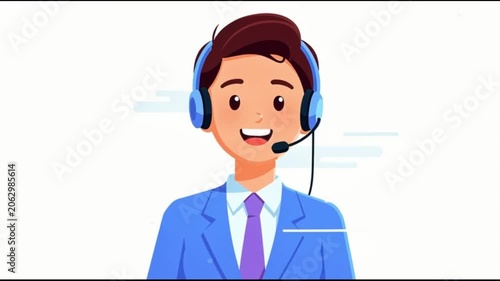 Friendly male customer service agent wearing headset and talking