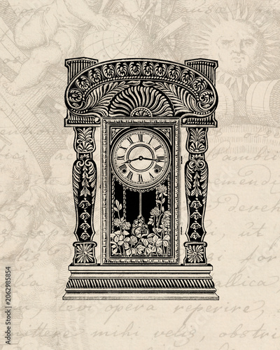 Antique clock illustration on aged paper background