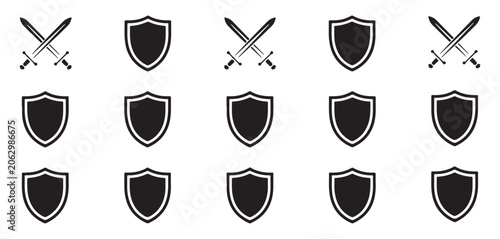 Φωτογραφία Multiple shield and crossed sword icons set displaying defensive armor and weapon combinations