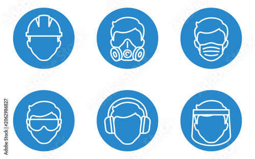 Slika na platnu Head protection mandatory sign set, blue circle safety icons, helmet, goggles, ear protection, mask and respirator requirement symbols, vector illustration