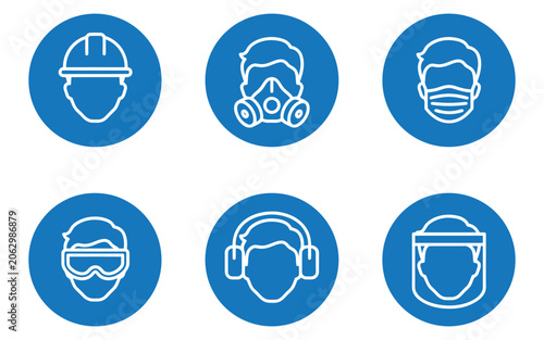Tableau sur toile Head protection mandatory sign set, blue circle safety icons, helmet, goggles, ear protection, mask and respirator requirement symbols, vector illustration