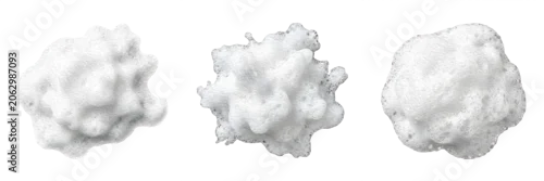 Panel kuchenny z motywem Set of White Soap Foam or Shaving Cream Blobs, Isolated on White Background. Ideal for Skincare, Beauty Product, Cleaning, and Hygiene Conceptual Design Projects.