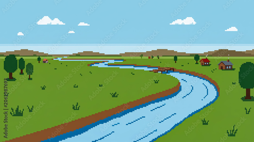 Obraz premium Pixel Art Winding River Flowing Through Green Fields and Countryside Houses