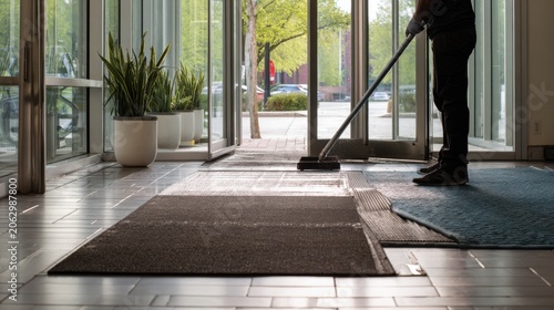Professional cleaner sweeping the entrance matting in a modern office building lobby. A person in gloves uses a broom to clean the entryway mats, maintaining a hygienic and welcoming commercial space