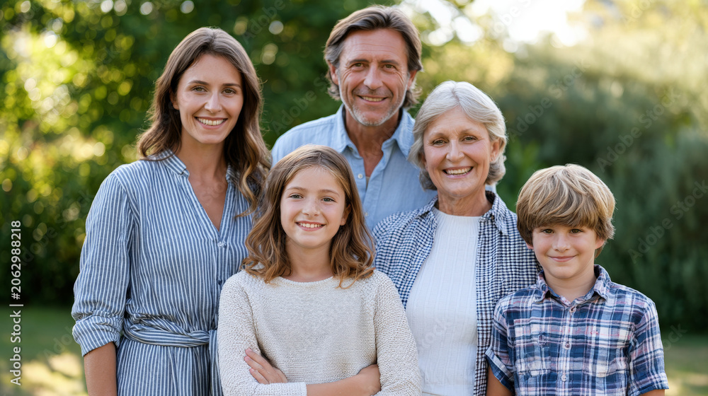 Obraz premium Multigeneration family smiling together in garden setting