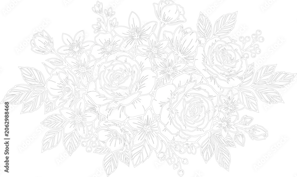 Fototapeta premium Hand-drawn floral seamless pattern with flowers, leaves, and decorative lace designs.