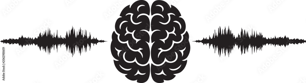 Fototapeta premium Human brain icon with sound waves on sides for mental health awareness concept representing psychology research and thinking process.