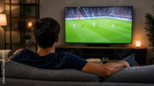Young man watching soccer game on big television screen at home.