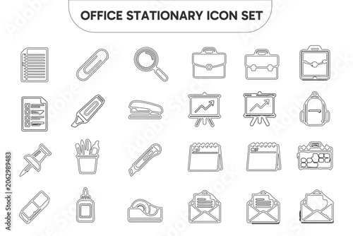 Office stationery line icon set. Minimalist business and school supply outline icons for web design, apps, and print infographic