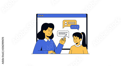 Online Learning and Mentorship Illustration with Teacher and Student in Virtual Interface