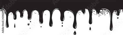 Abstract black liquid paint dripping border frame element with smooth flowing viscous drops isolated on transparent background.
