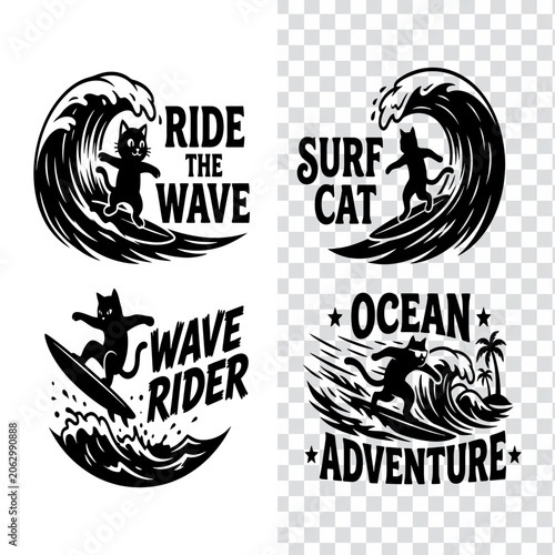 Photography A collection of vintage style black and white emblems featuring cute cats surfing on ocean waves, perfect for t-shirt prints, logos, and summer designs
