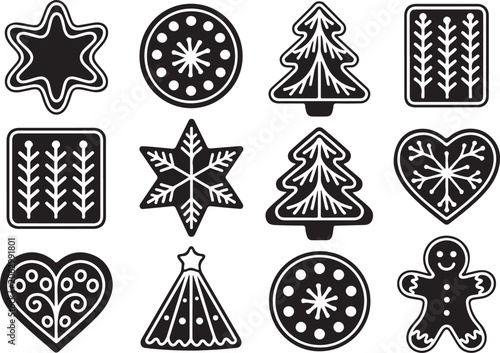 Twelve different christmas gingerbread cookie shapes with frosted patterns on transparent grid background for holiday treats.