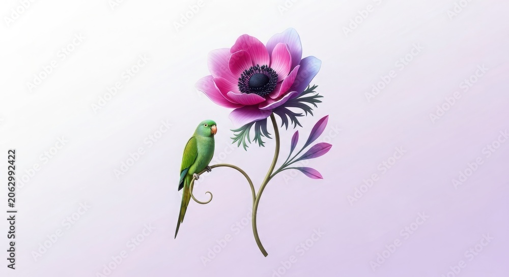 Obraz premium A small green parakeet perched on the stem of a vibrant pink anemone flower