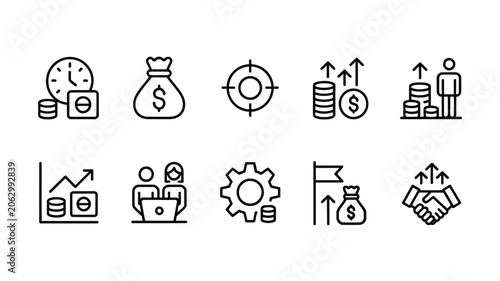 Set of business and financial growth icons featuring money, investment, teamwork, strategy, and progress in a clean linear style.