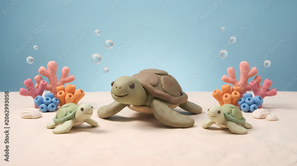 Fototapeta Clay sea turtle family on sandy ocean floor