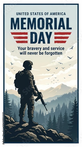 Memorial day poster with a soldier silhouette standing on a mountain overlooking a forest