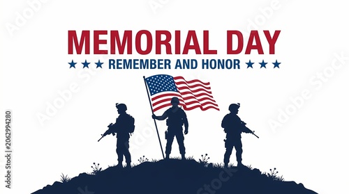 Memorial day background with soldiers silhouette and american flag isolated on white background