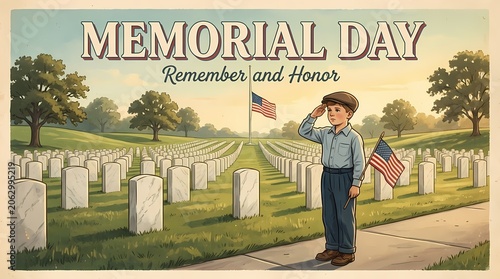 Memorial day illustration of a young boy saluting at a military cemetery