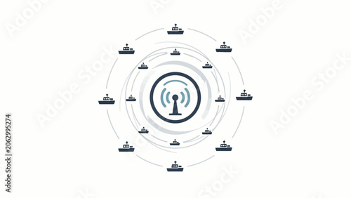 Schilderij op canvas A central communication tower connecting multiple small ships in a circular netw