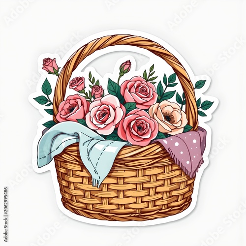 Floral Picnic Basket with Roses and Pastel Blankets Illustration