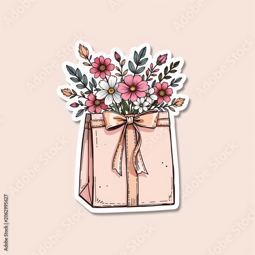 Pastel Gift Bag with Flowers Whimsical Handdrawn Style