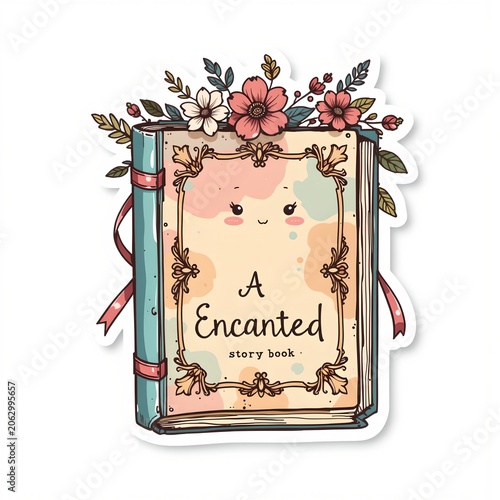 Adorable Handdrawn Storybook Sticker with Floral Decorations